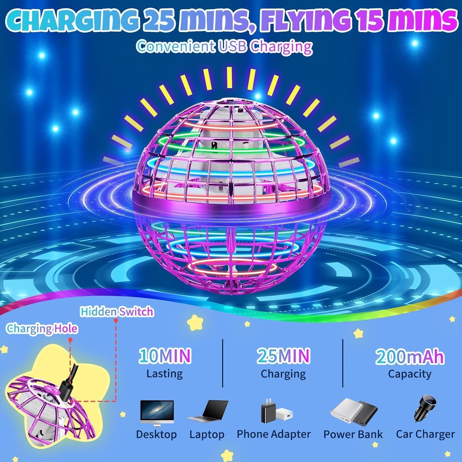 Juguete de Bola Voladora Espacial Mágica con LED, Bola - Imagen 5