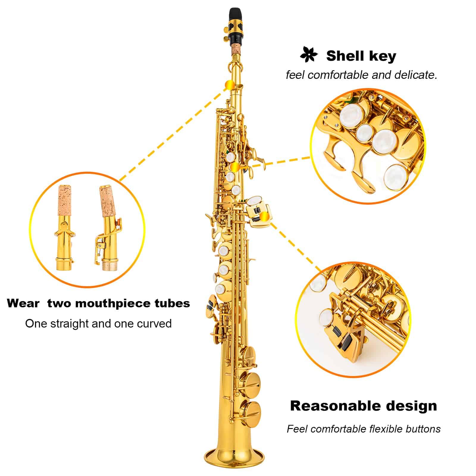 Saxofón Soprano Cadway Recto de Laca Dorada Instrumento Sax - Imagen 6