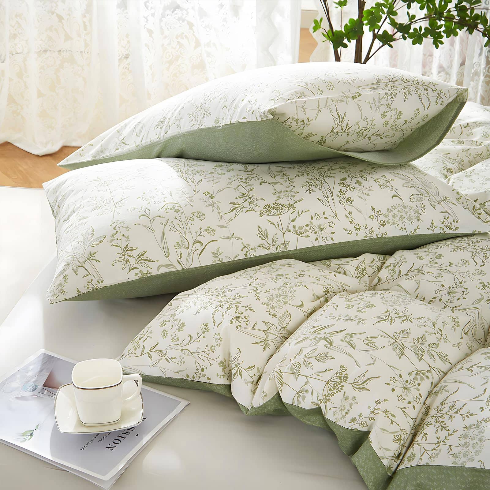 Juego de Funda Nórdica de Hojas Verdes Rvciby Tamaño Queen, - Imagen 8