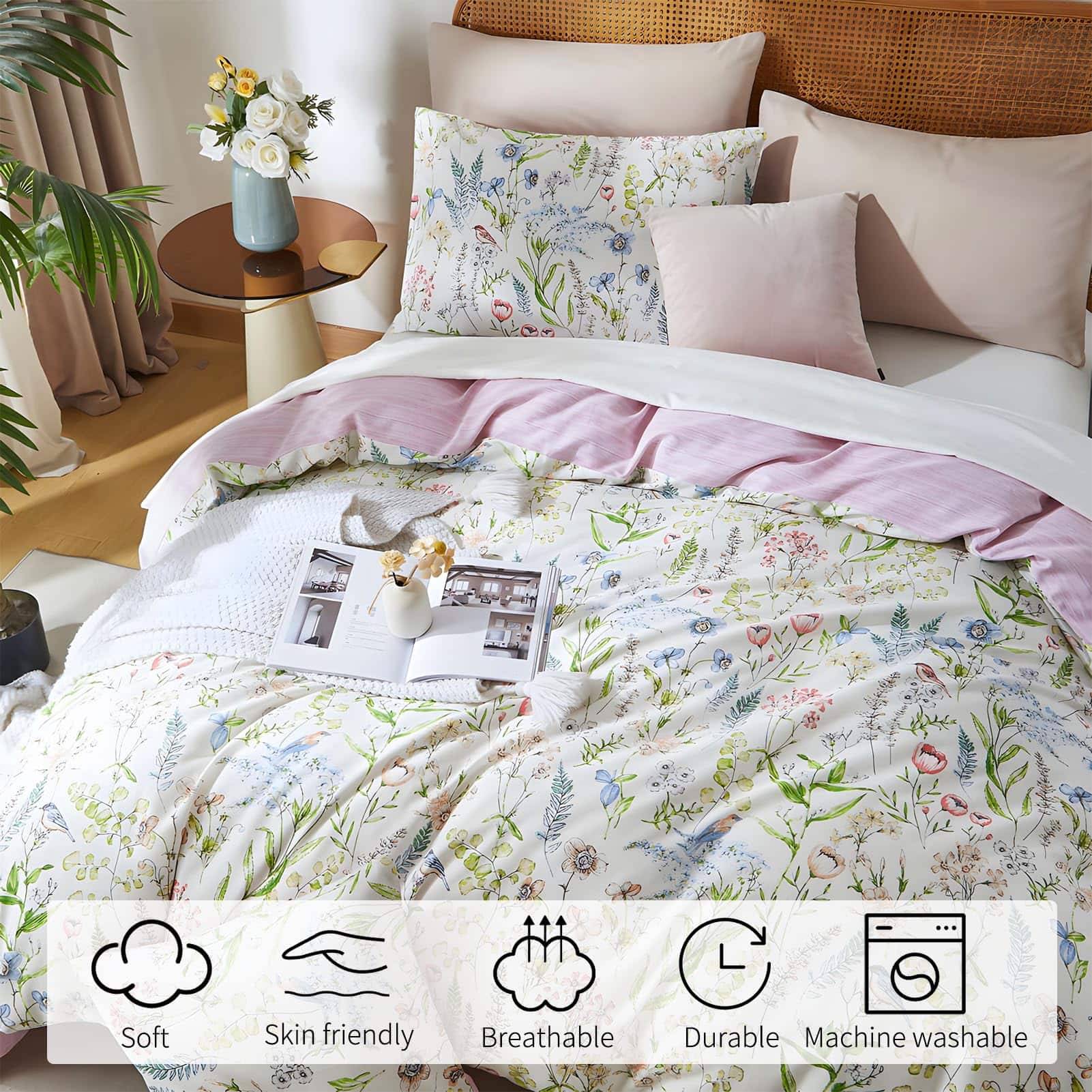 Rvciby Juego de Funda nórdica Rosa Floral Tamaño Queen, - Imagen 3