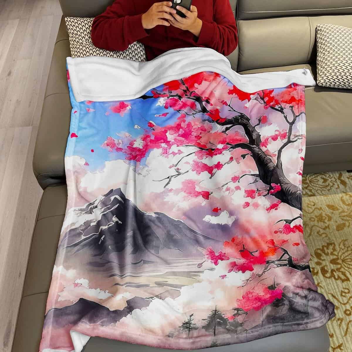 Manta de Lana de Cerezo 60" x 80" Estilo Japonés Manta de - Imagen 4