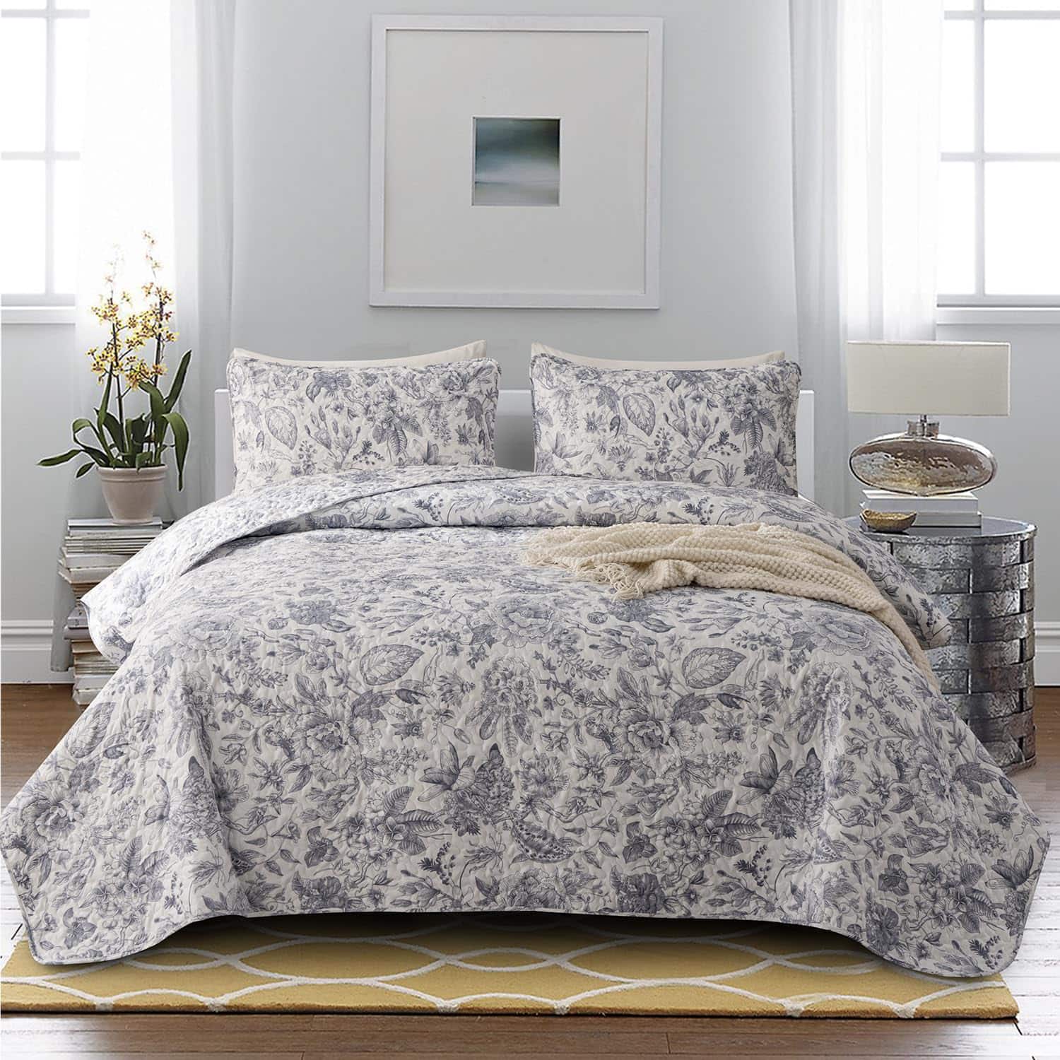 Juego de Colcha para Cama Queen BUPIRD Floral 3 Piezas