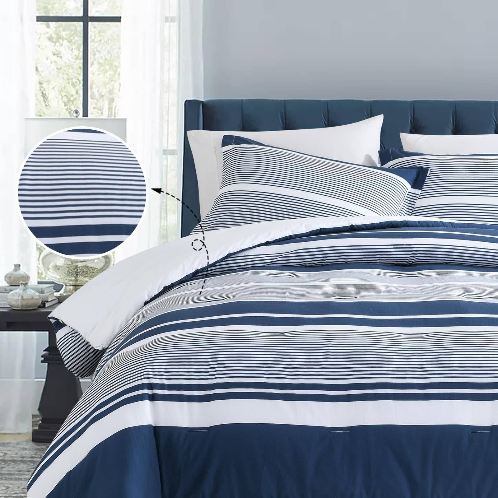 Juego de Edredón Queen Finlonte, Edredón a Rayas Azul