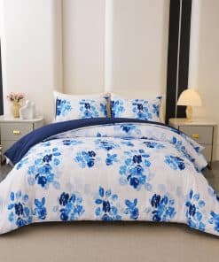 Juego de Edredón de 3 Piezas Azul y Blanco con Estampado