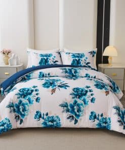 Juego de 3 Piezas de Edredón Azul y Blanco con Estampado