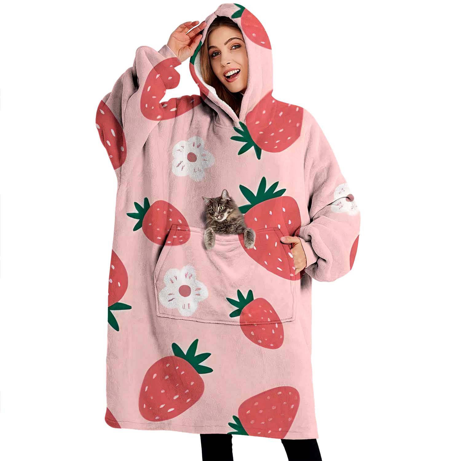 Manta con Capucha de Fresa Oversized, Manta Sherpa con