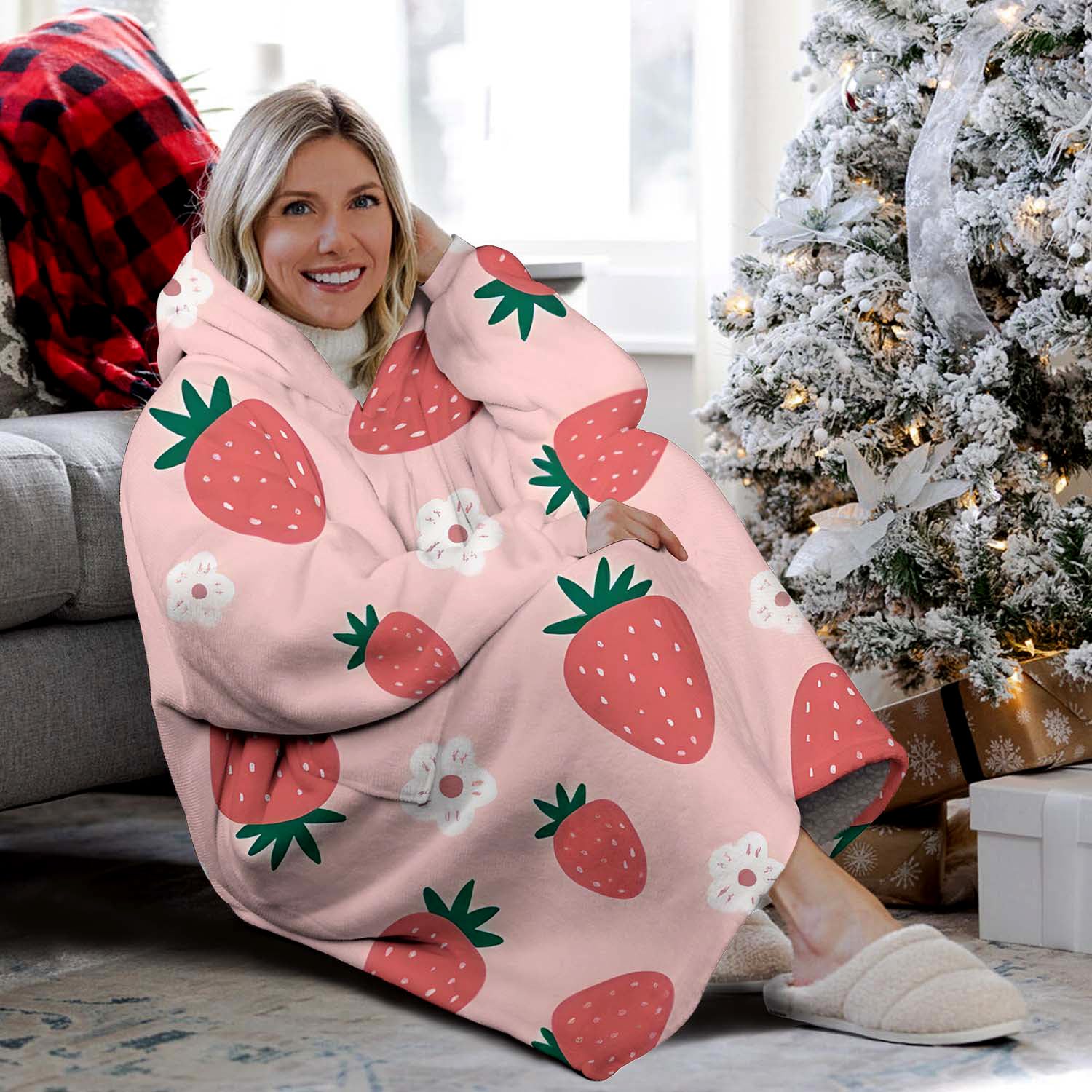 Manta con Capucha de Fresa Oversized, Manta Sherpa con - Imagen 4