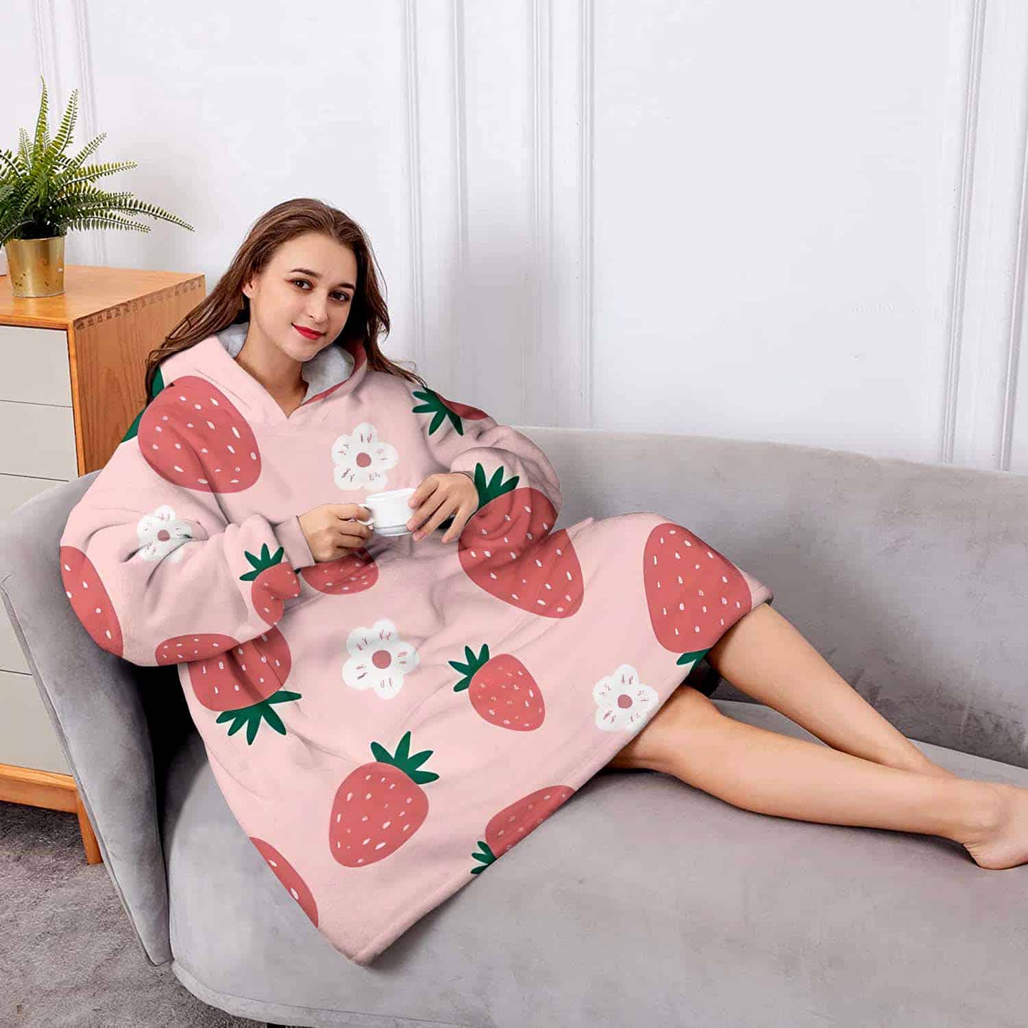 Manta con Capucha de Fresa Oversized, Manta Sherpa con - Imagen 5