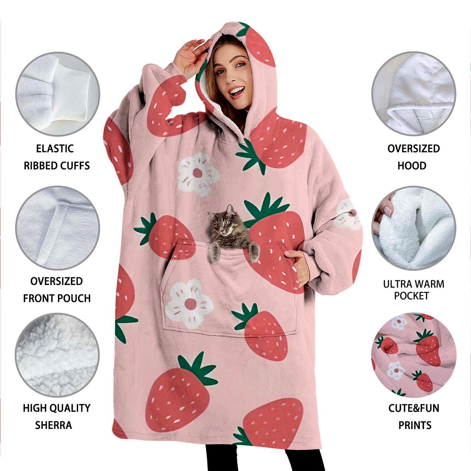 Manta con Capucha de Fresa Oversized, Manta Sherpa con - Imagen 8