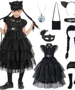 Disfraz de Wednesday Addams para Niñas, Vestido y Peluca de