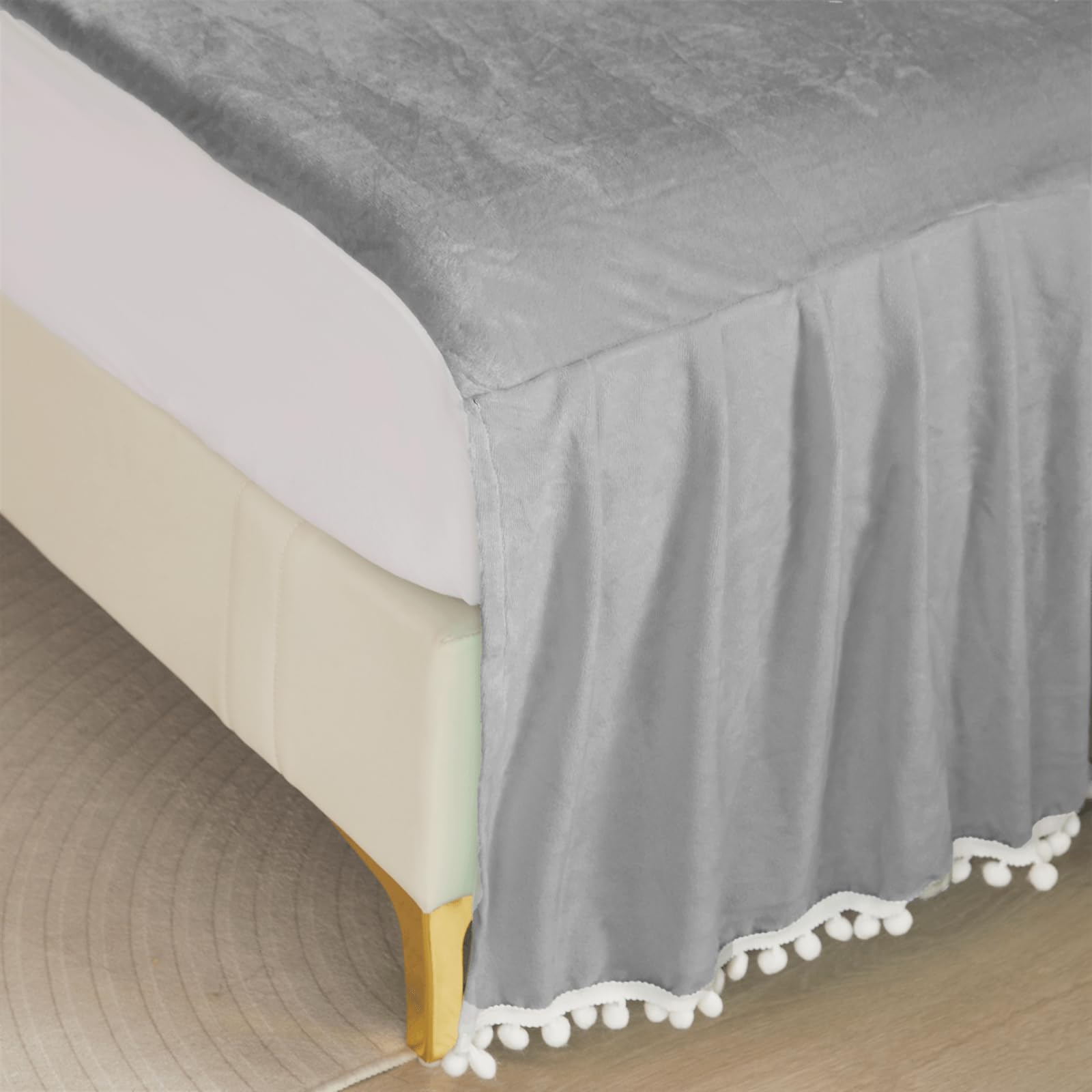 Falda de cama de terciopelo con borlas Pom Pom, falda de - Imagen 10