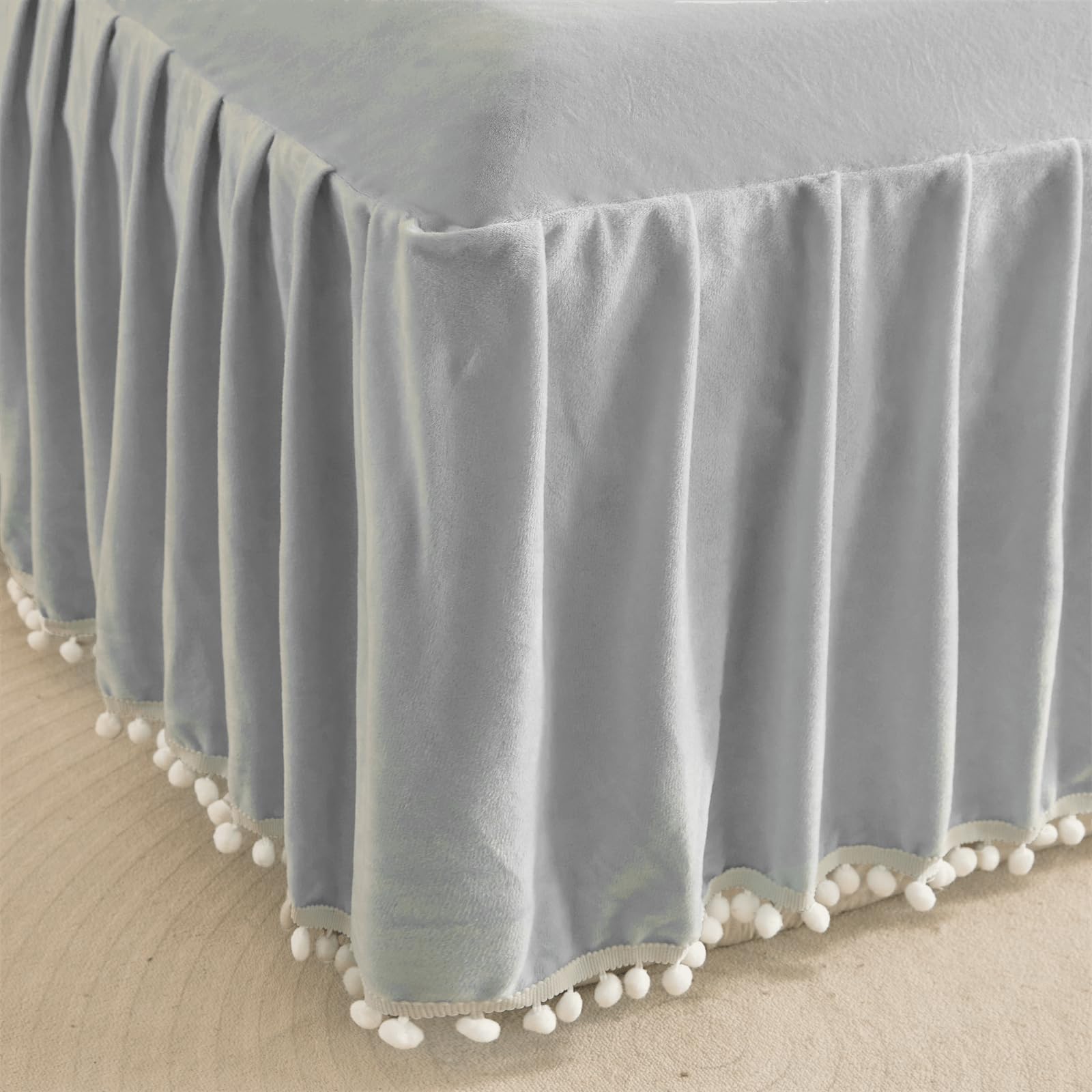 Falda de cama de terciopelo con borlas Pom Pom, falda de - Imagen 7