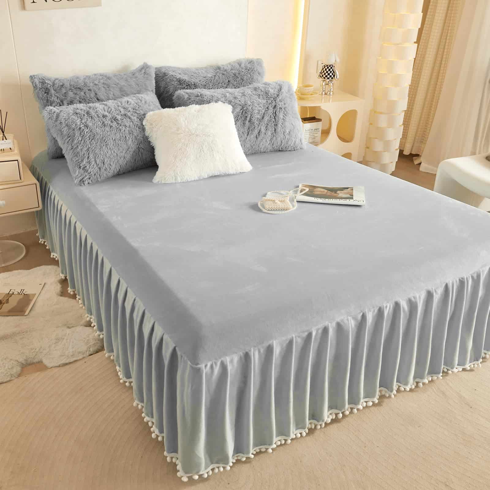 Falda de cama de terciopelo con borlas Pom Pom, falda de - Imagen 4