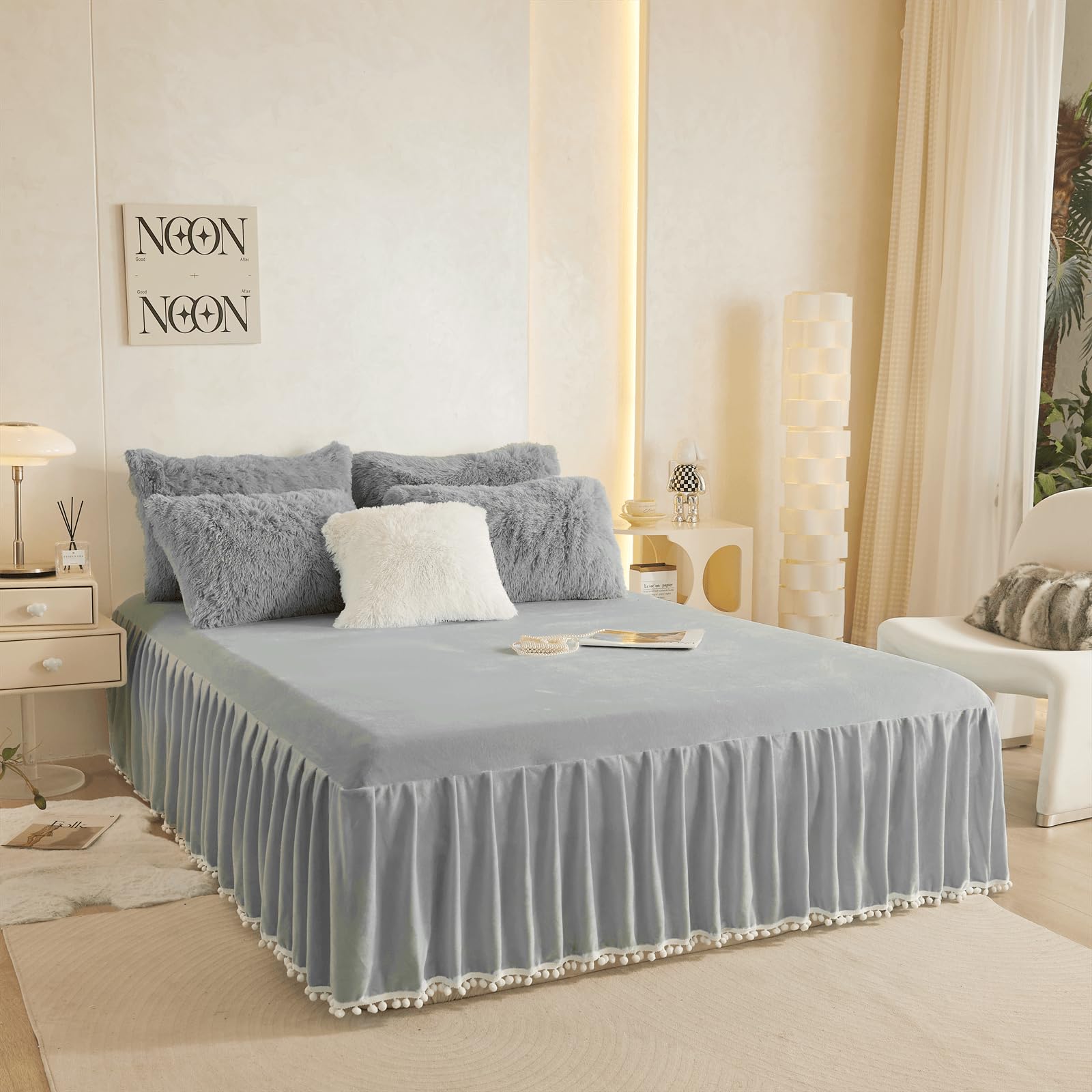 Falda de cama de terciopelo con borlas Pom Pom, falda de - Imagen 3