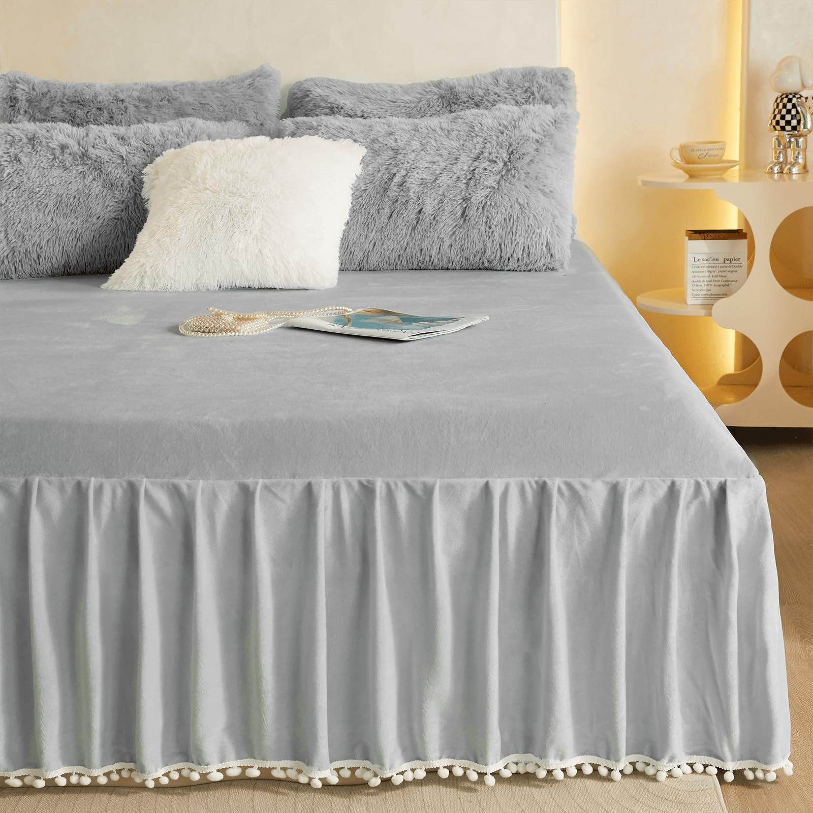 Falda de cama de terciopelo con borlas Pom Pom, falda de - Imagen 6