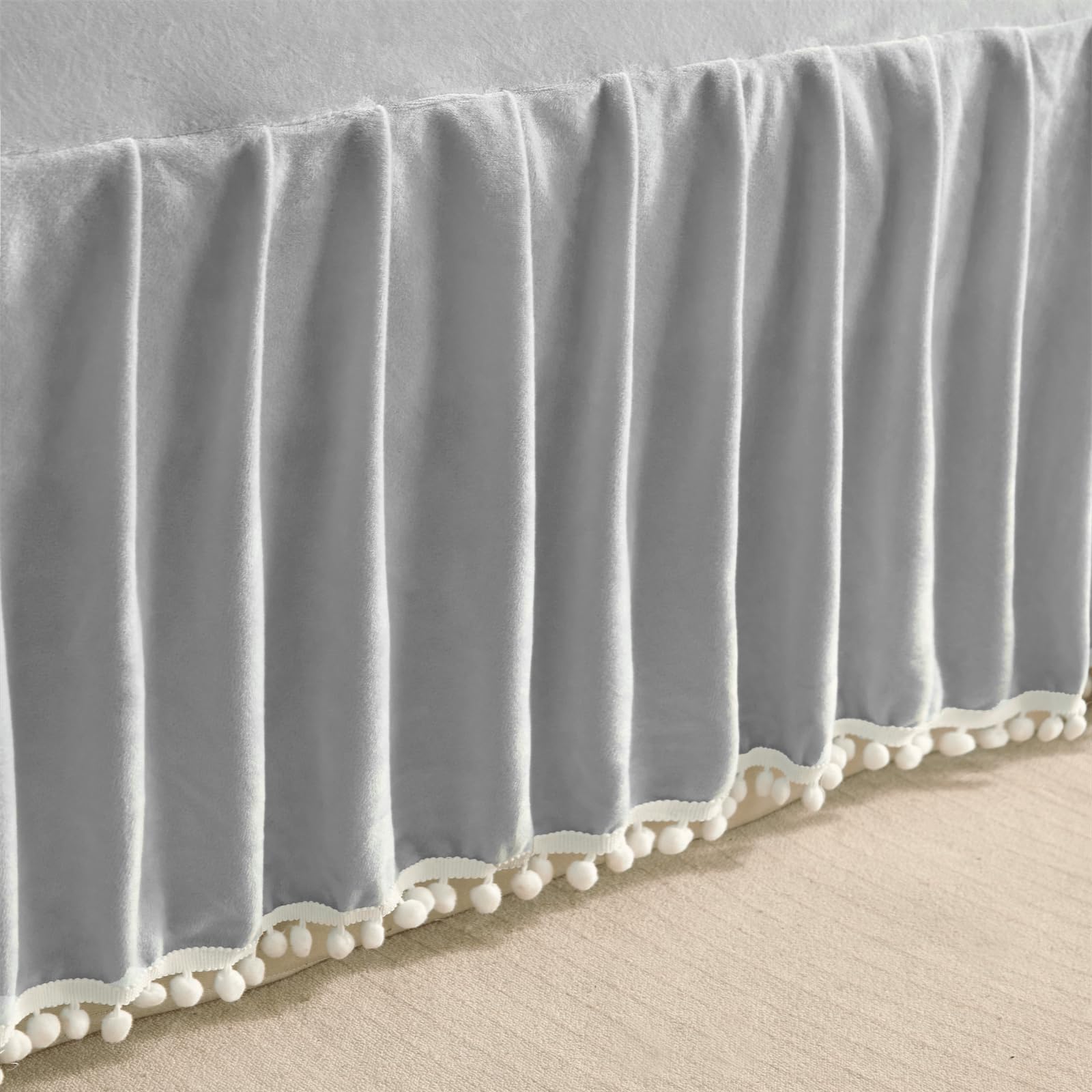 Falda de cama de terciopelo con borlas Pom Pom, falda de - Imagen 8