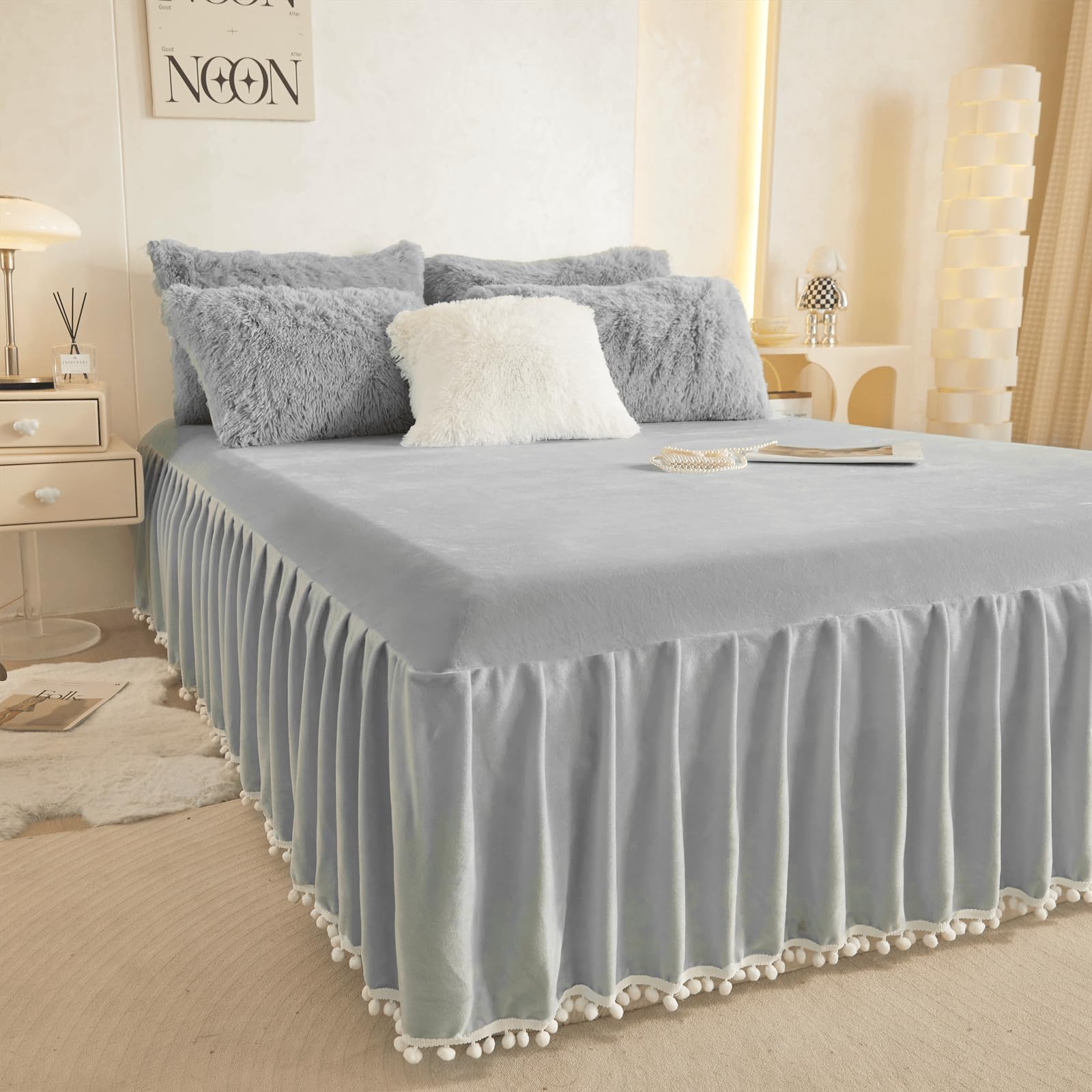 Falda de cama de terciopelo con borlas Pom Pom, falda de - Imagen 5