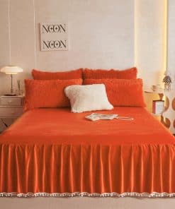 Faldón de Cama de Terciopelo con Pompones, -Naranja Quemado