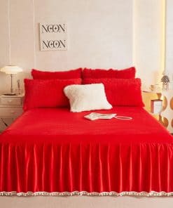 Faldón de Cama de Terciopelo con Pompones, -Rojo