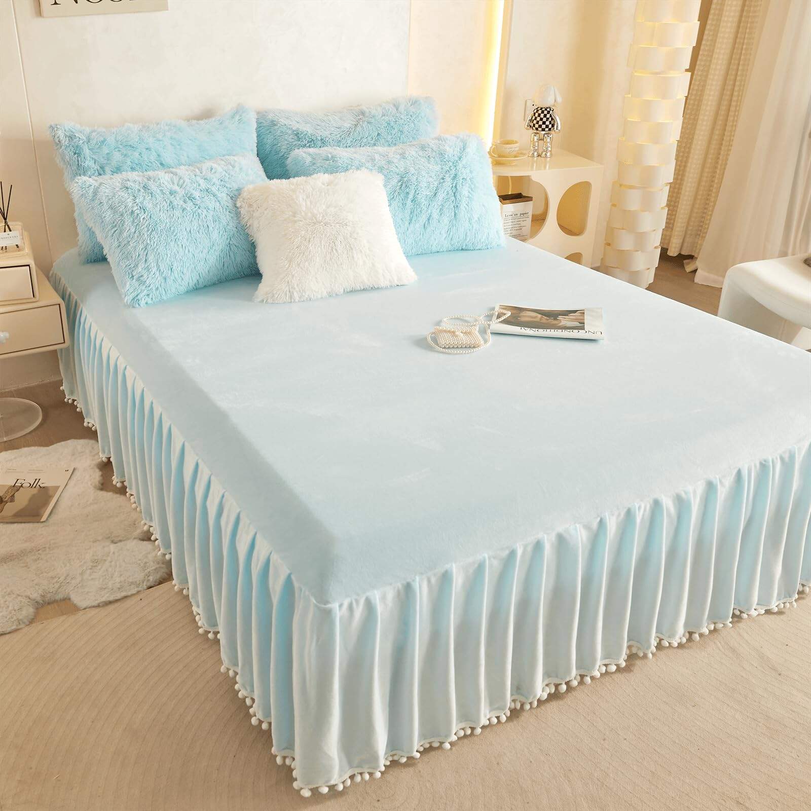 Faldón de Cama de Terciopelo con Borlas Pom Pom, Drop de 22 - Imagen 4