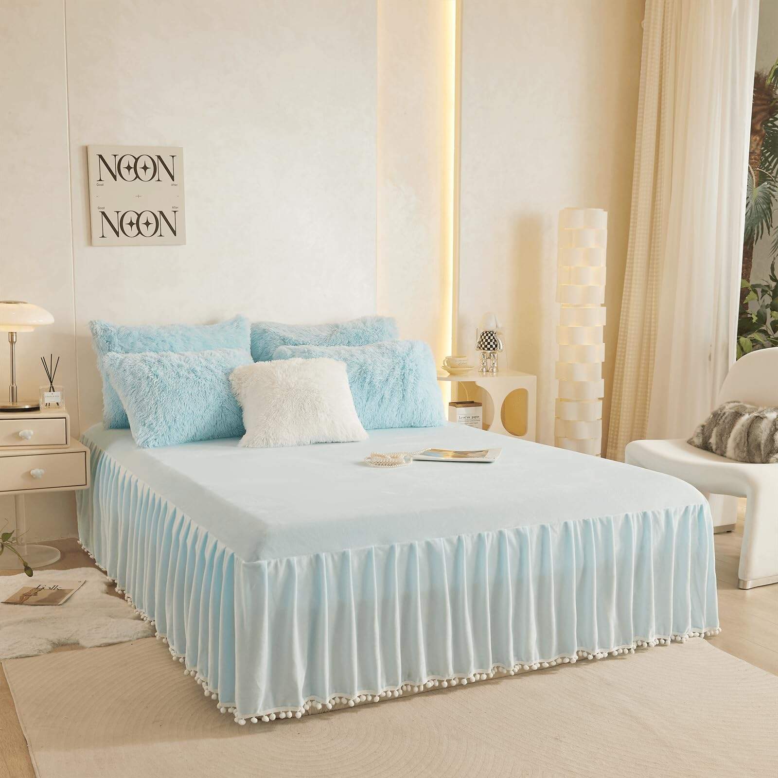 Faldón de Cama de Terciopelo con Borlas Pom Pom, Drop de 22 - Imagen 3