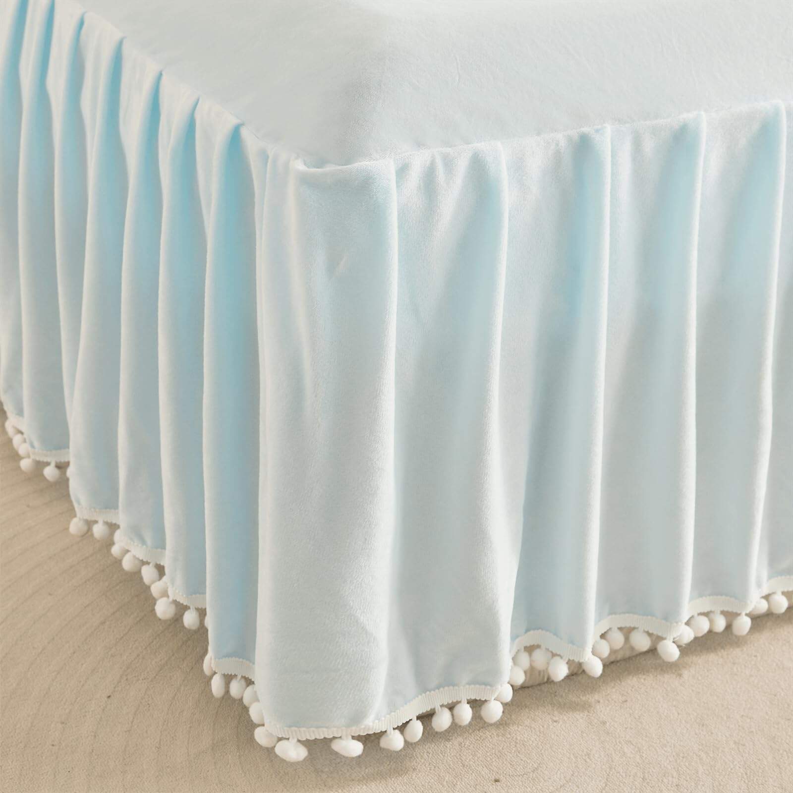 Faldón de Cama de Terciopelo con Borlas Pom Pom, Drop de 22 - Imagen 7