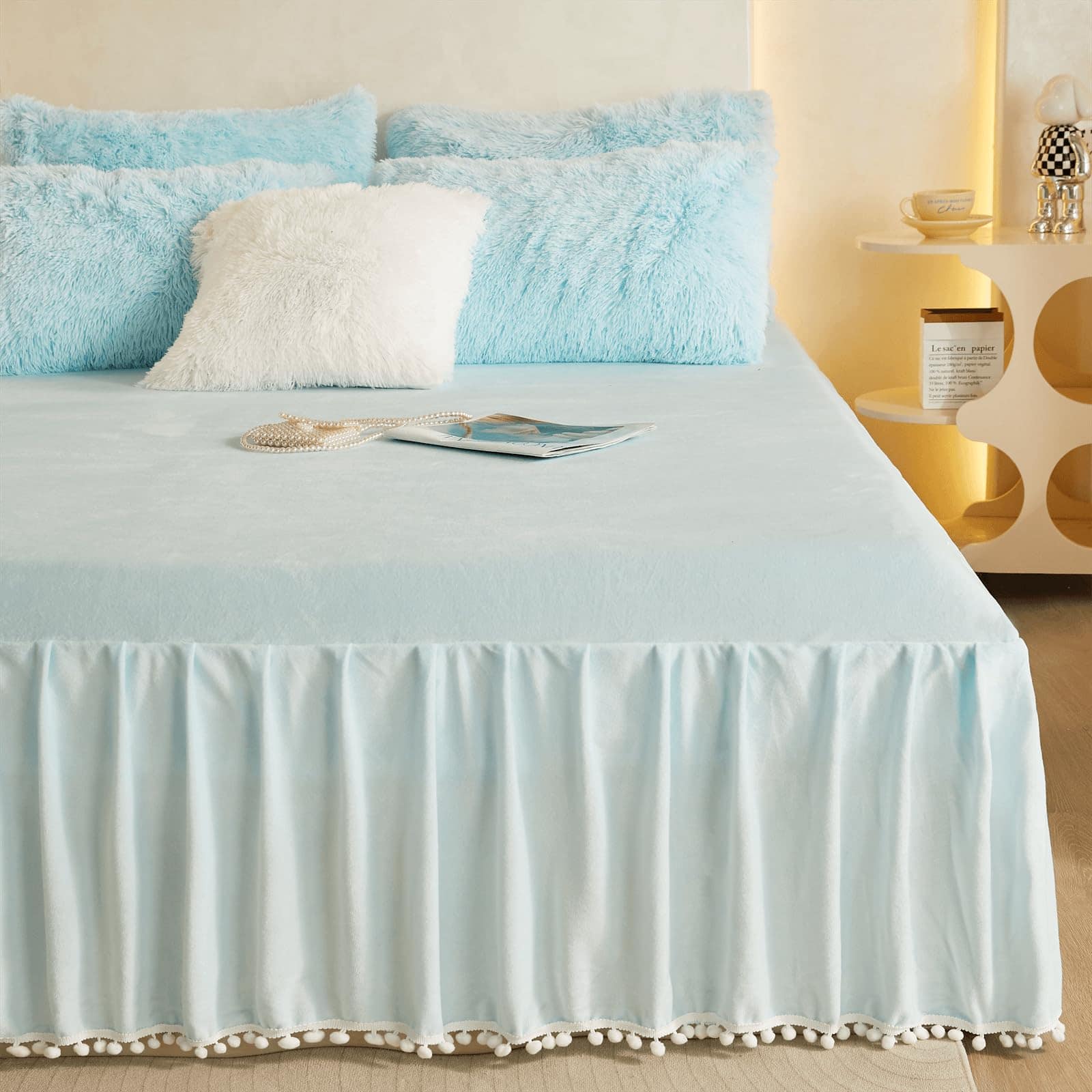 Faldón de Cama de Terciopelo con Borlas Pom Pom, Drop de 22 - Imagen 6