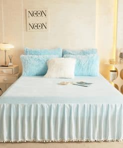 Faldón de Cama de Terciopelo con Borlas Pom Pom, Drop de 22