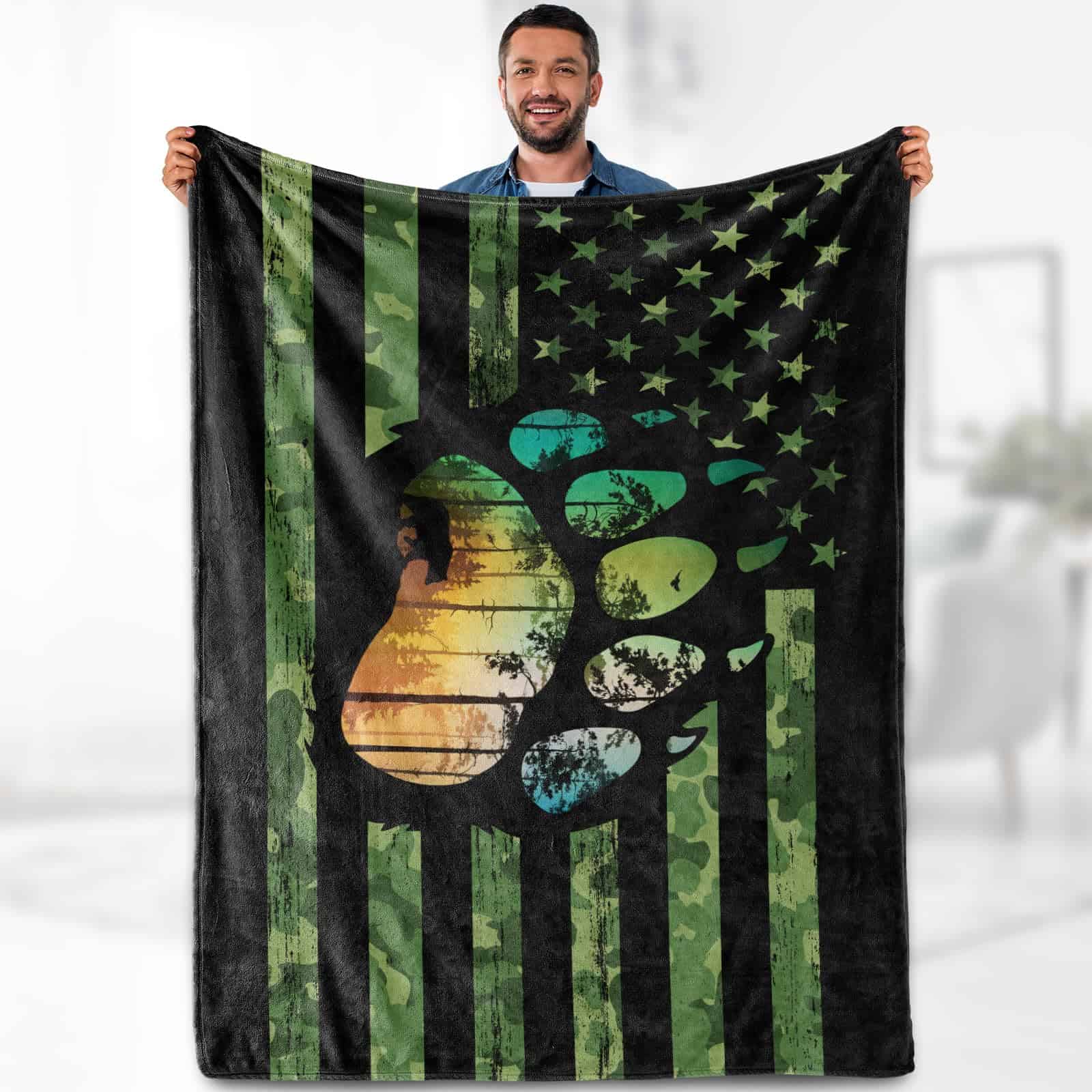 Manta de Bandera Americana con Oso - Tema de Caza de Osos