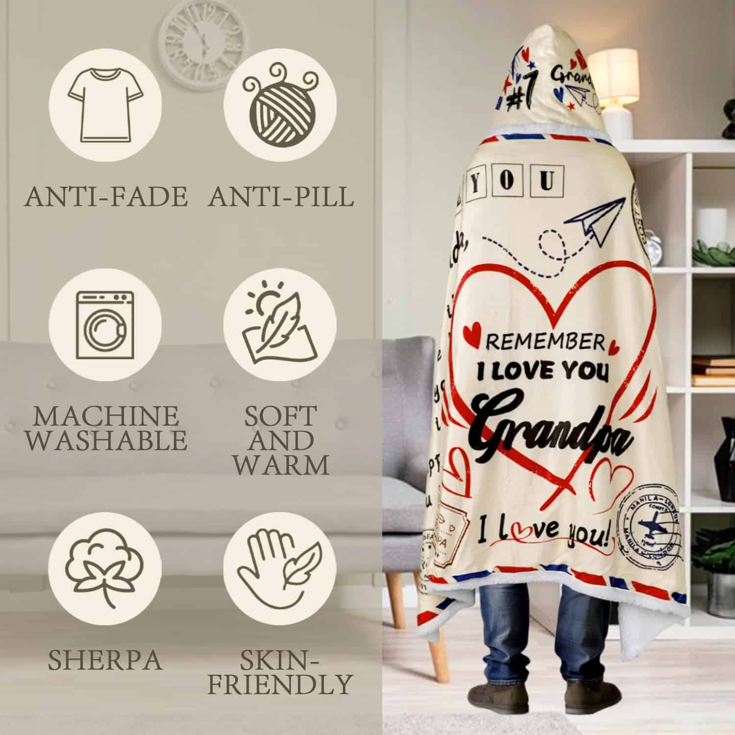 Regalos para Abuelo, Manta con Capucha de Sherpa, Regalos - Imagen 5