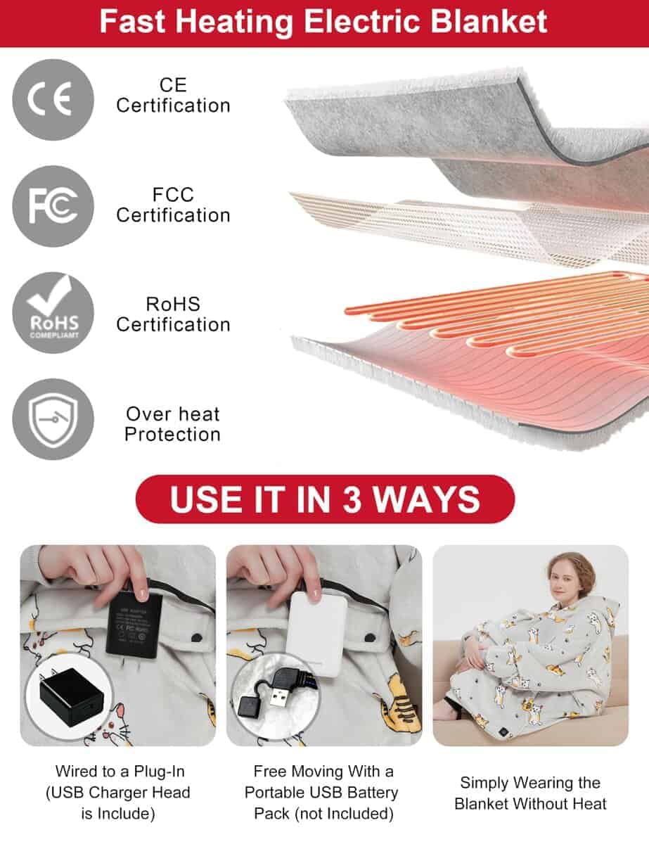 Manta eléctrica con calefacción portátil con capucha USB - Imagen 6