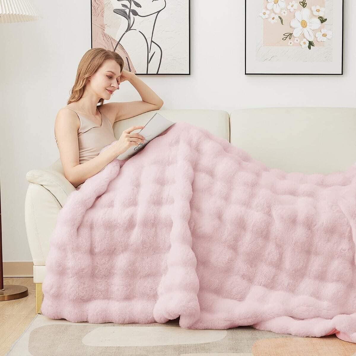 Manta gemela de piel sintética Latepis de peluche rosa - Imagen 4