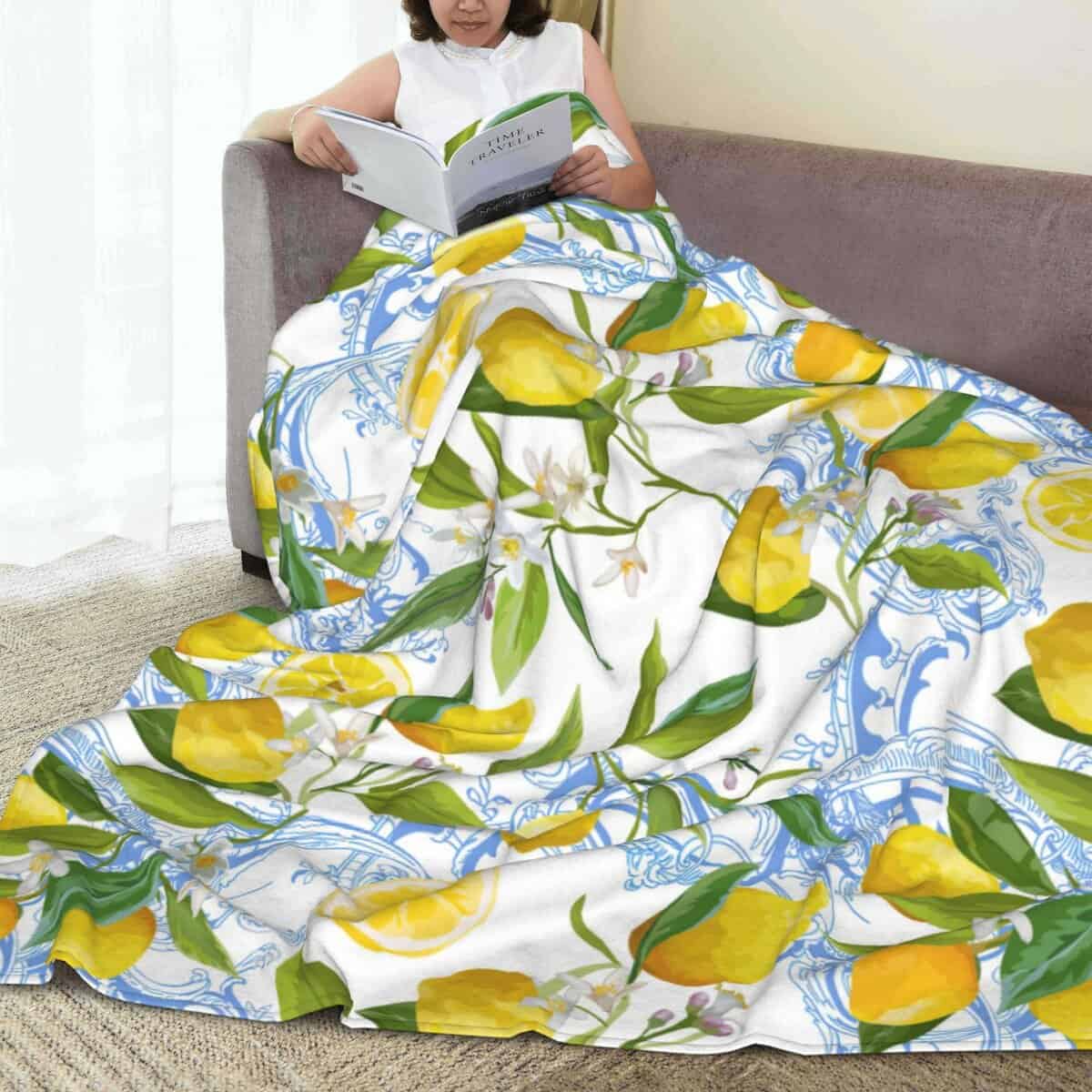 Manta de Limón, 80 x 60 Pulgadas Amarillo, Hojas Verdes, - Imagen 4