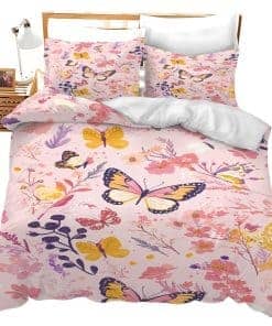 Set de Ropa de Cama Mariposa Hojas Flor Rosa Decoración