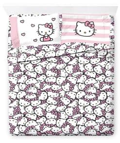 Juego de sábanas Hello Kitty de rayas rosas y corazones