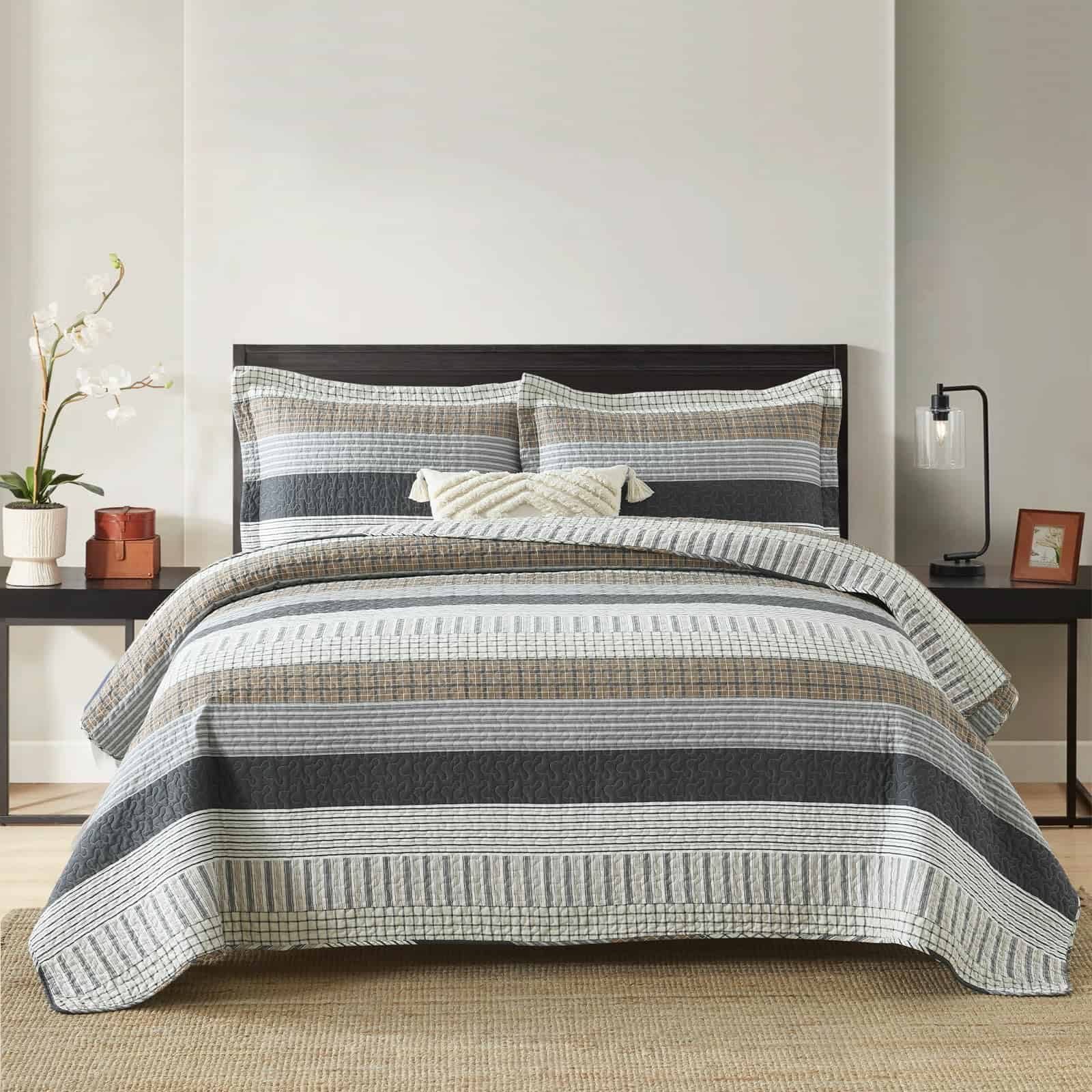 Juego de Edredón 100% Algodón Tamaño -Blanco/Marrón/Gris