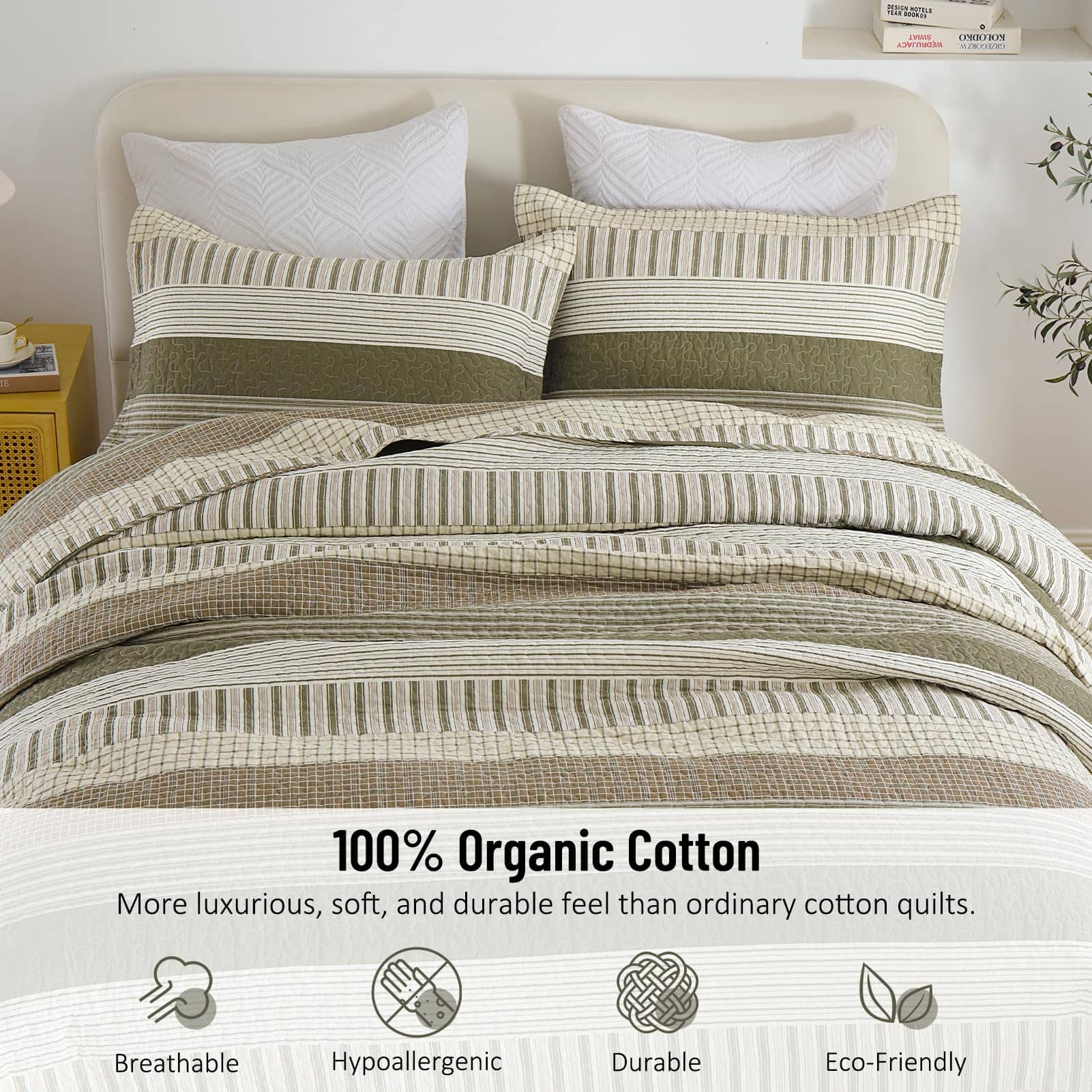 Colcha de Rey a Rayas CozyQQ 100% Algodón Verde Beige - Imagen 4