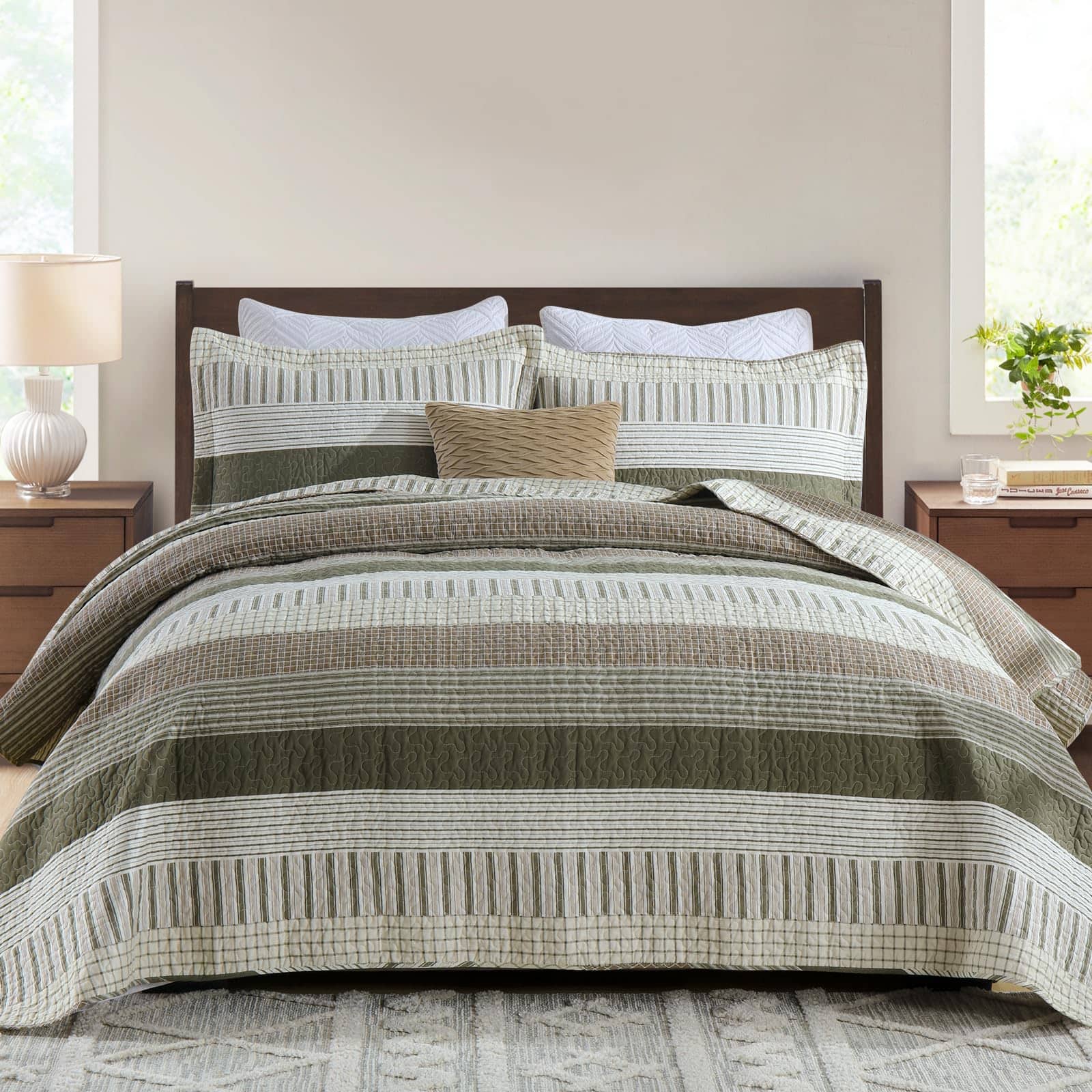 Colcha de Rey a Rayas CozyQQ 100% Algodón Verde Beige - Imagen 3