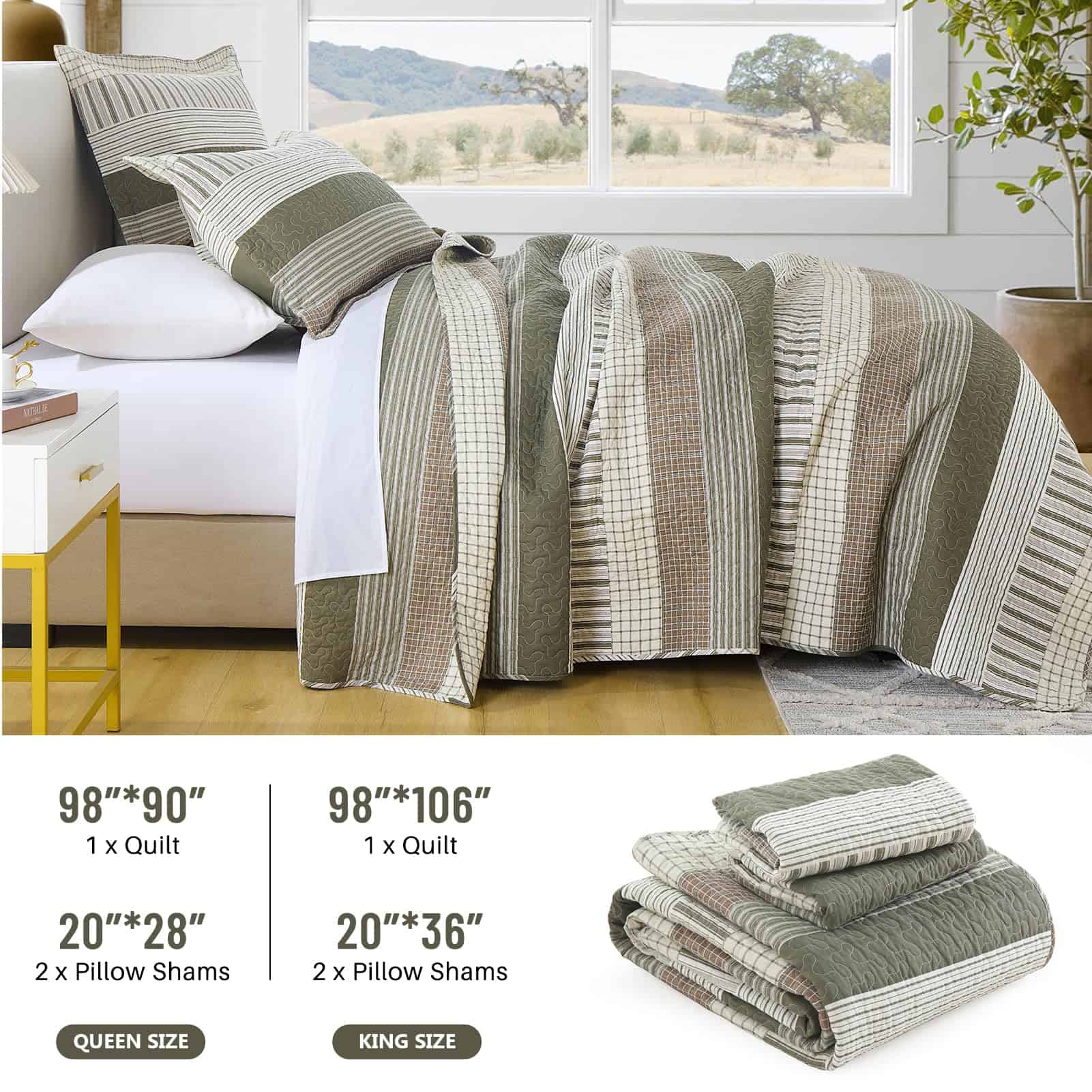 Colcha de Rey a Rayas CozyQQ 100% Algodón Verde Beige - Imagen 7