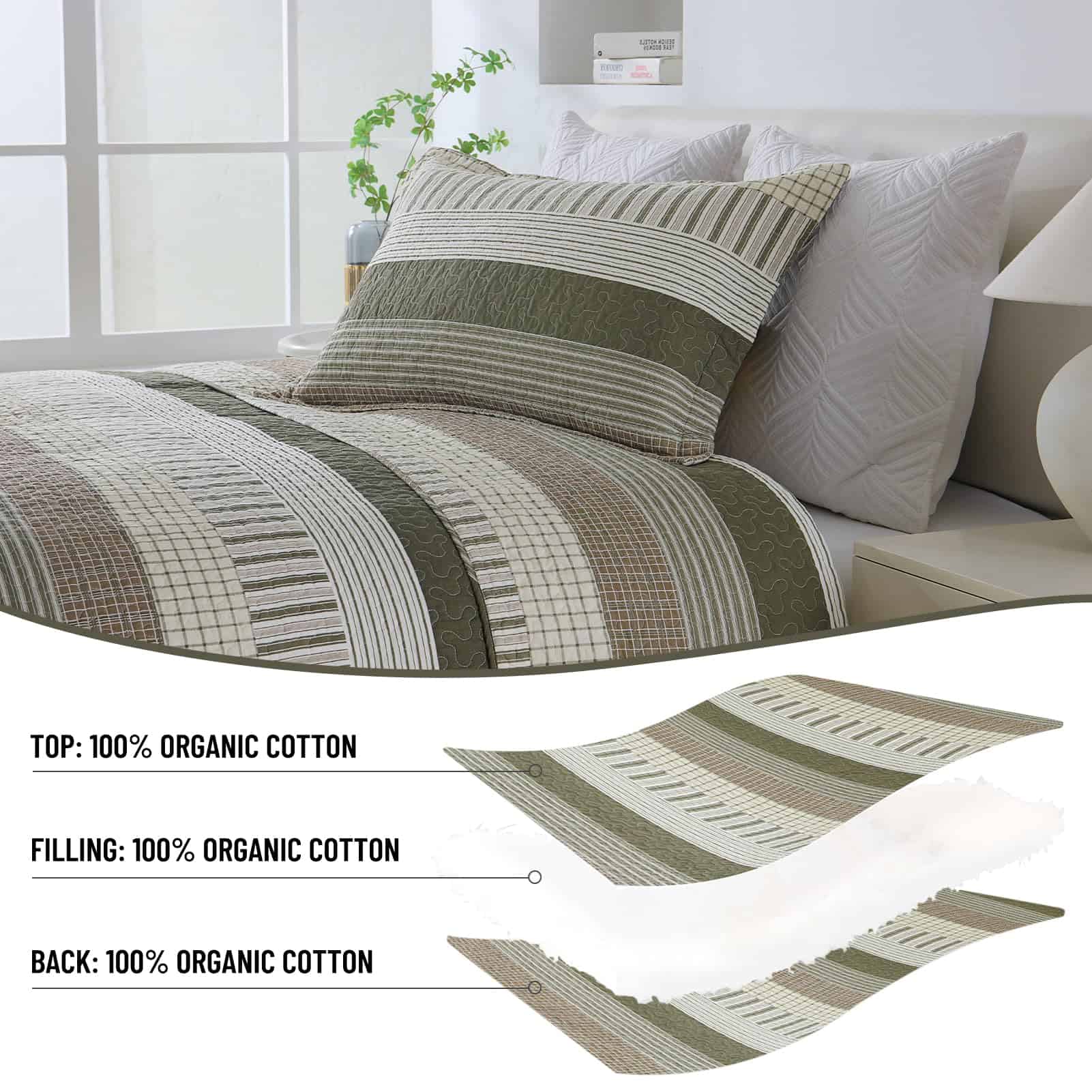 Colcha de Rey a Rayas CozyQQ 100% Algodón Verde Beige - Imagen 5