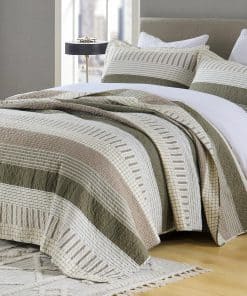 Colcha de Rey a Rayas CozyQQ 100% Algodón Verde Beige