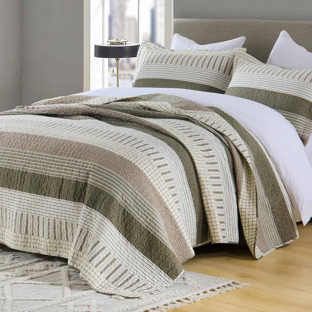 Colcha de Rey a Rayas CozyQQ 100% Algodón Verde Beige