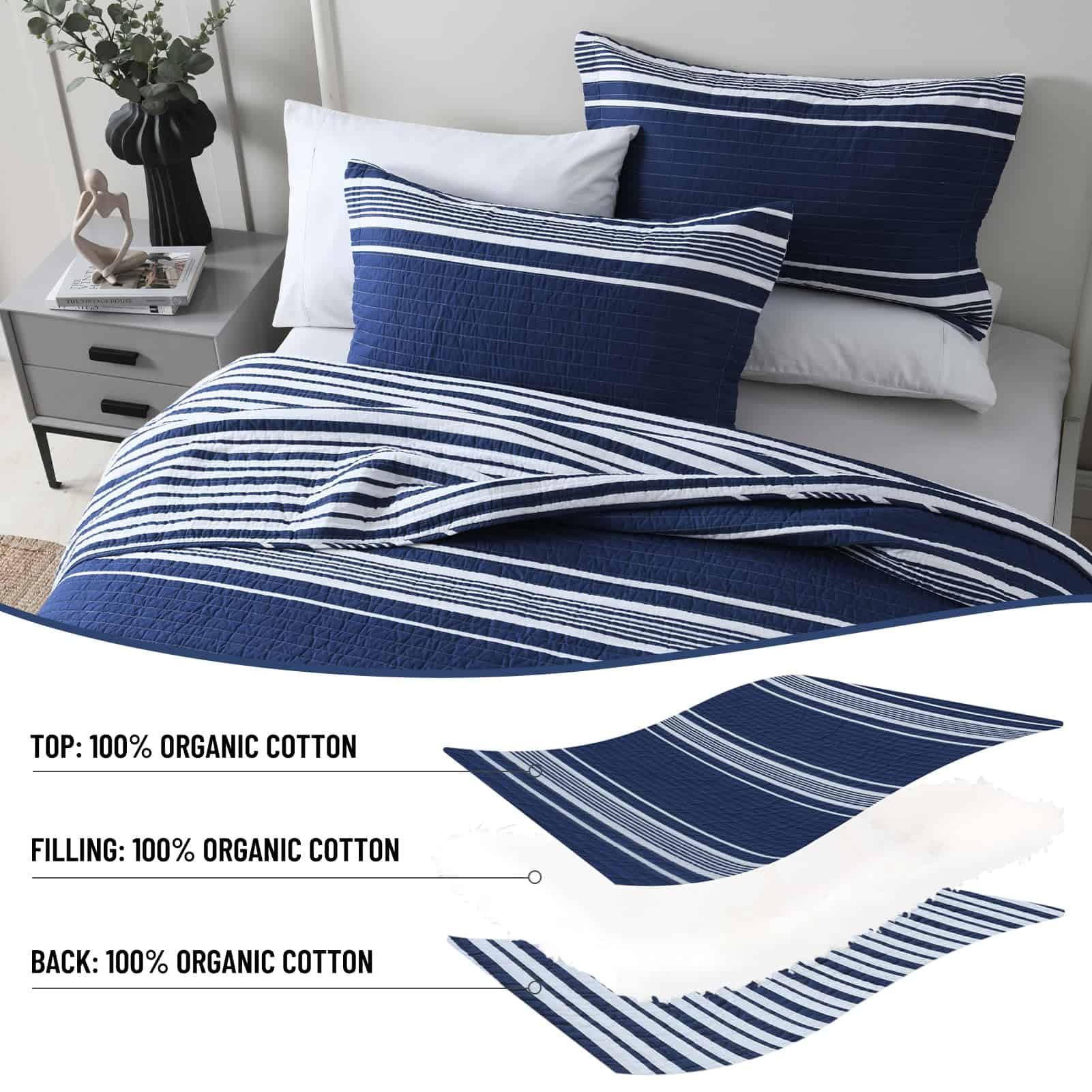 Edredón a rayas CozyQQ tamaño Queen - 100% algodón, azul - Imagen 5