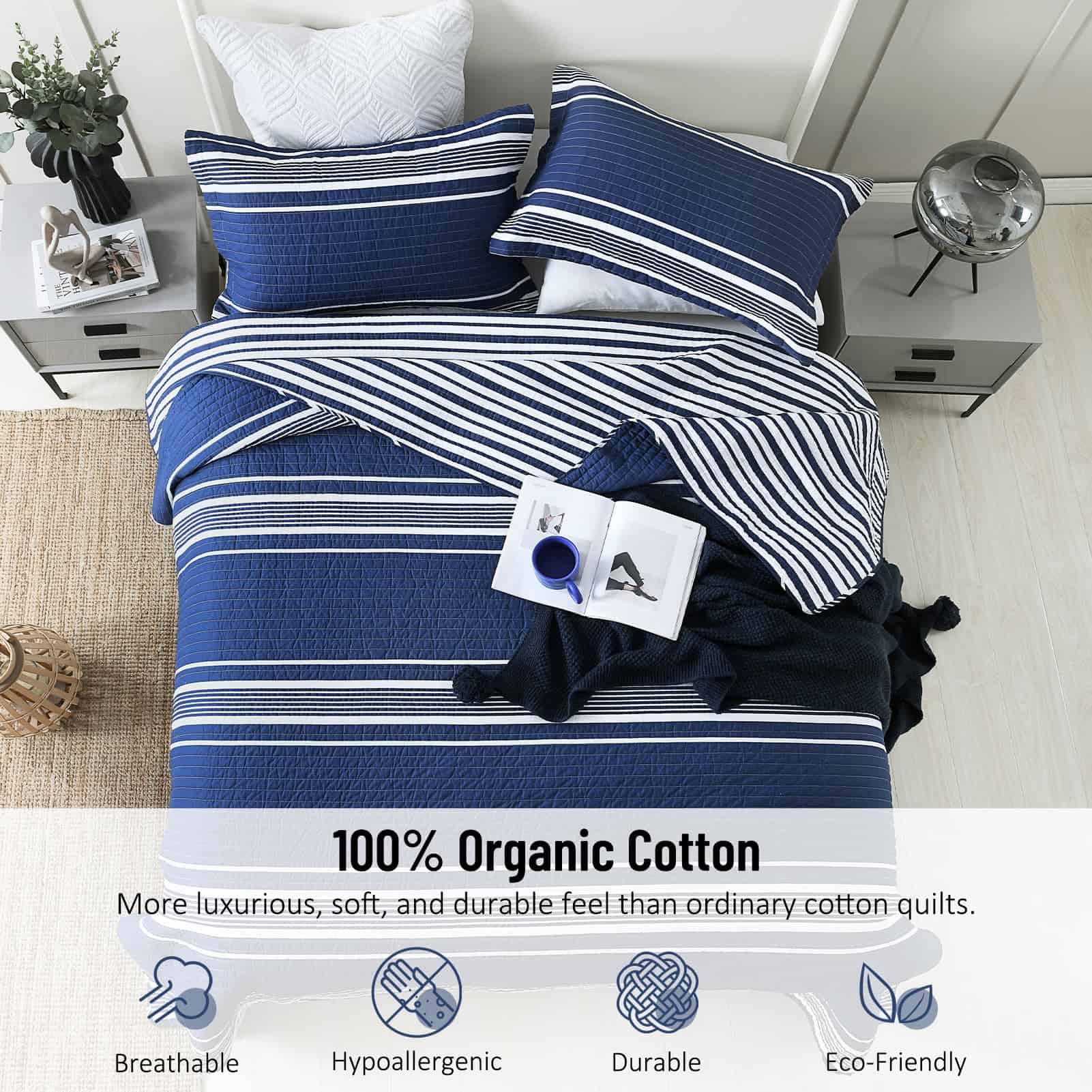 Edredón a rayas CozyQQ tamaño Queen - 100% algodón, azul - Imagen 4