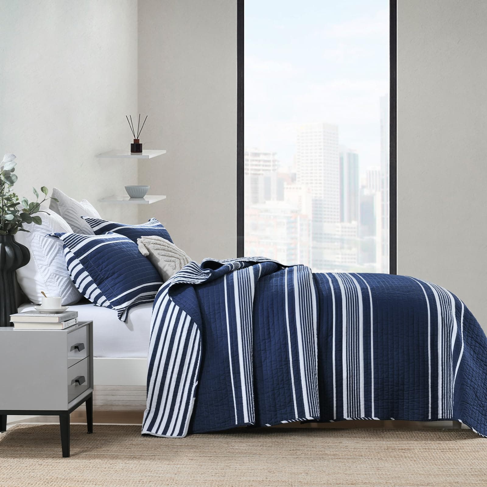 Edredón a rayas tamaño King CozyQQ - 100% algodón azul - Imagen 3