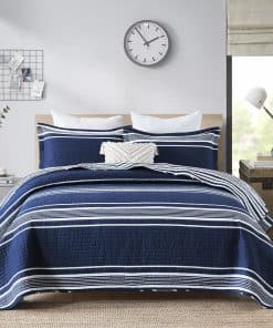 Edredón a rayas tamaño King CozyQQ - 100% algodón azul