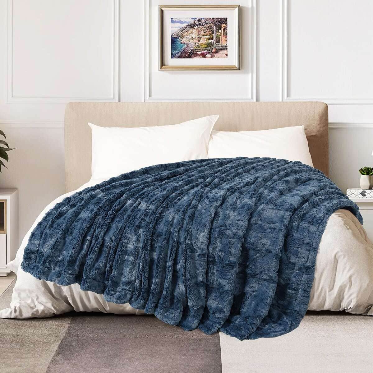 TOONOW Manta de Lujo de Piel sintética, Doble -Azul Marino - Imagen 7