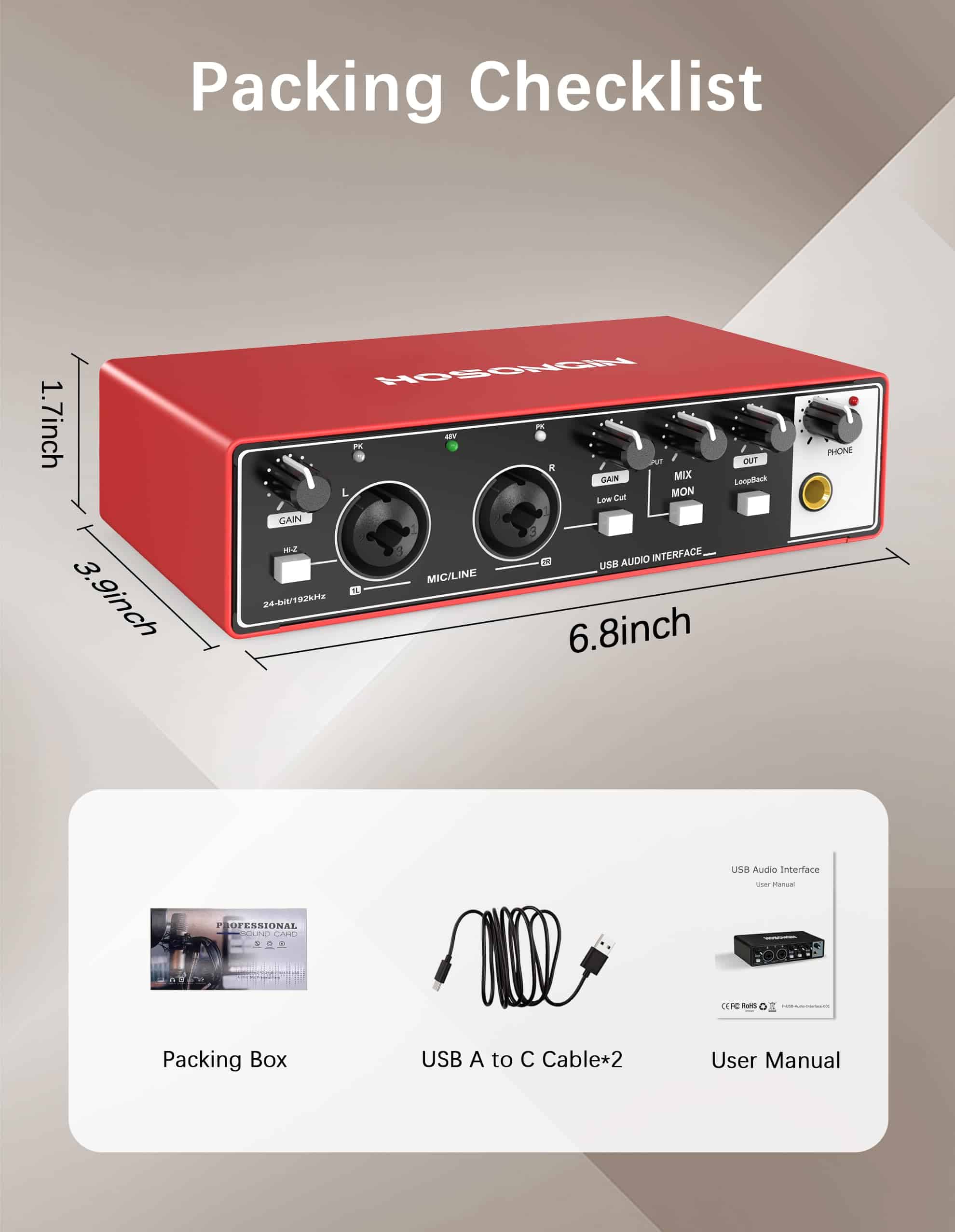 Interfaz de Audio USB HOSONGIN 2i2 para -Rojo - Imagen 8