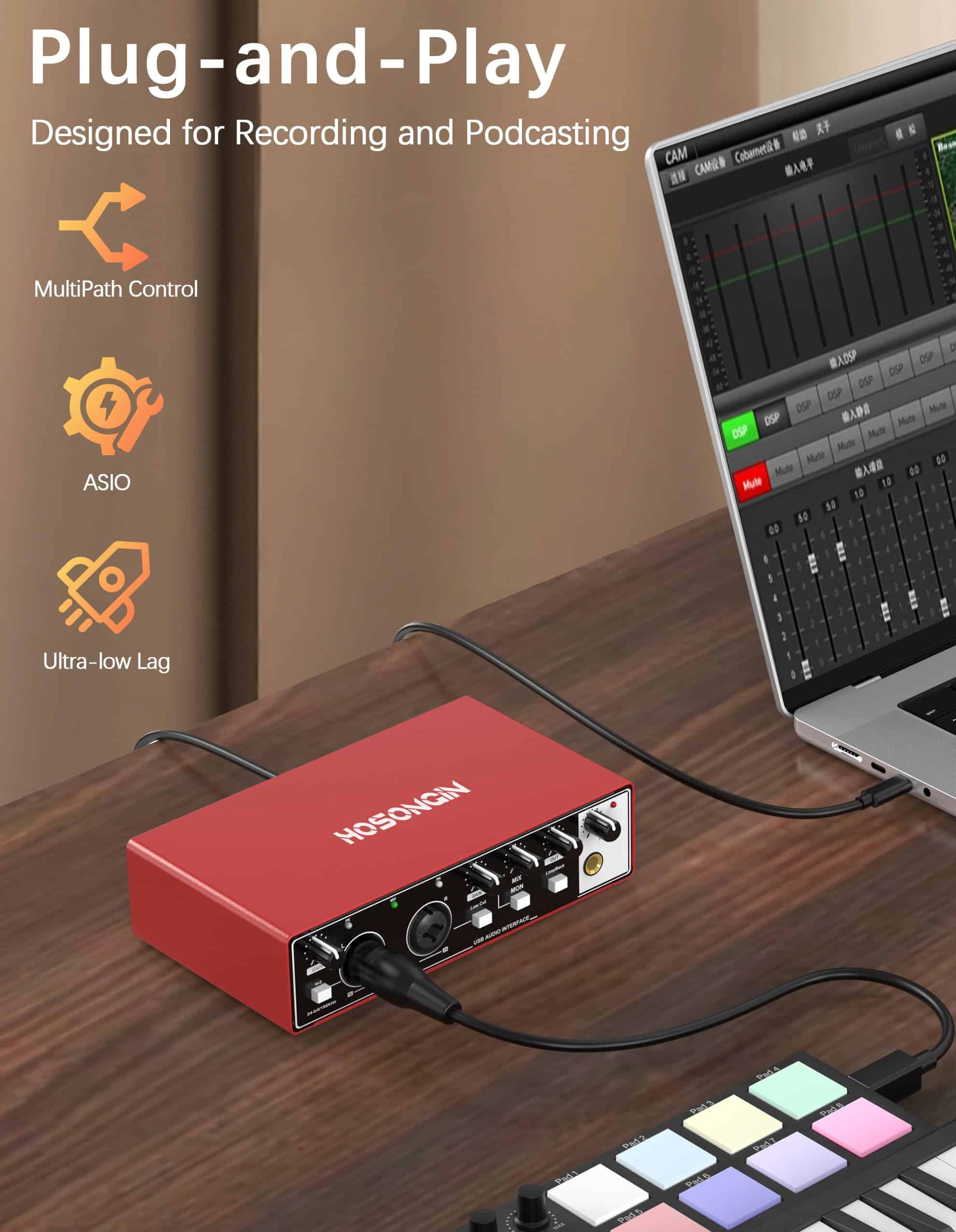 Interfaz de Audio USB HOSONGIN 2i2 para -Rojo - Imagen 5