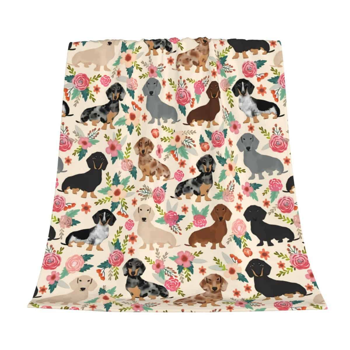 Manta de Lana de Perritos Salchicha con Estampado de Flores